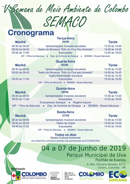 Portfólio com o cronograma de atividades da semana do meio ambiente do município de Colmbo/PR.