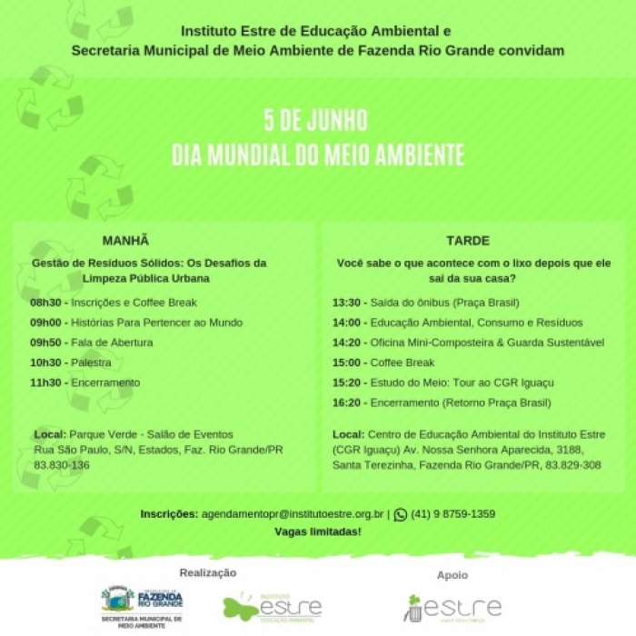 A Secretaria de Fazenda Rio Grande/PR lança o cronograma de comemorações para o Dia Mundial do Meio Ambiente, em 5 de junho.